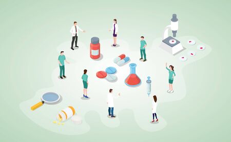 corona virus vaccine concept with team people medical analysis search for vaccination with modern isometric style vectorのイラスト素材