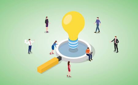 idea analysis with big lamp and team people work discuss with magnifying zoom tools vectorのイラスト素材