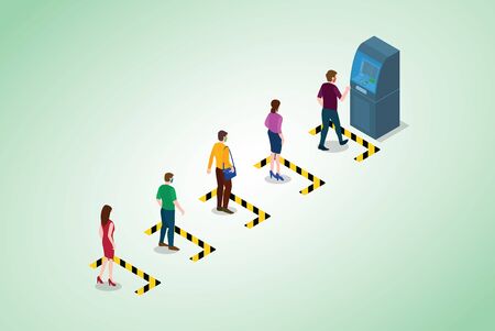 social distancing or physical distancing concept with people queue in line of atm machine with modern isometric style vectorのイラスト素材