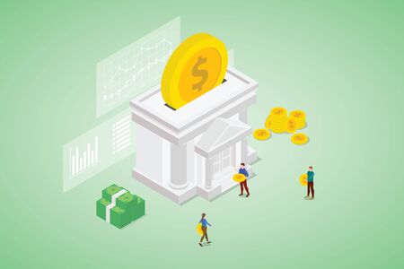 people savings money on bank with some graph and chart data with modern isometric style vectorのイラスト素材