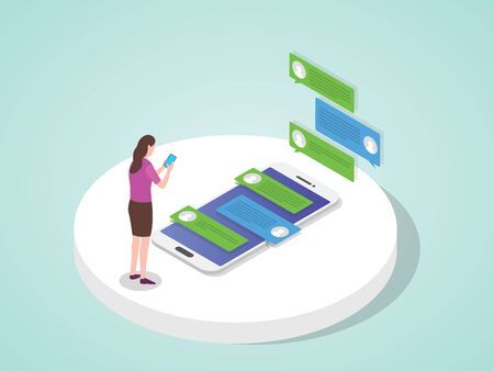 Woman writing sms message chatting use smartphone flat cartoon style vector designのイラスト素材