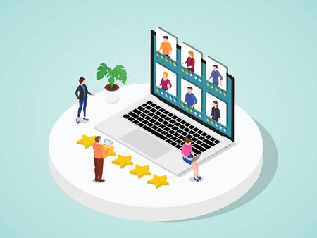 People review online by giving star using tablet laptop device flat cartoon style vector designのイラスト素材