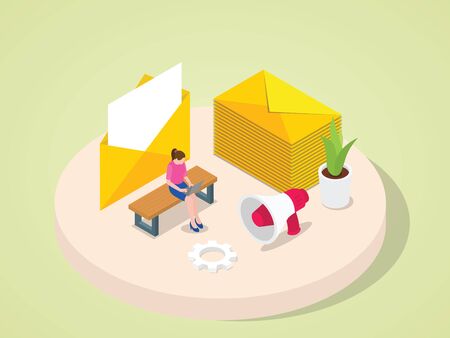 Women working on laptop sent mail to customer client colleague partnership invitation announcement with isometric 3d flat cartoon style vector designのイラスト素材