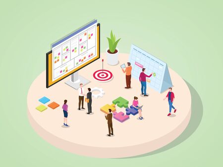 Company business people legal marketing finance accounting and other department work together in team project management concept with isometric isometry 3d flat cartoon style vector design.のイラスト素材