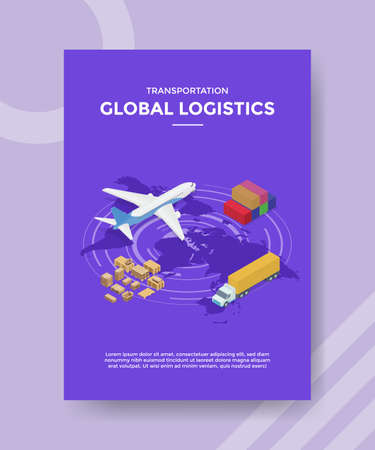transportation global logistics plane truck container box package for template flyer and print banner cover book books modern flat style vectorのイラスト素材