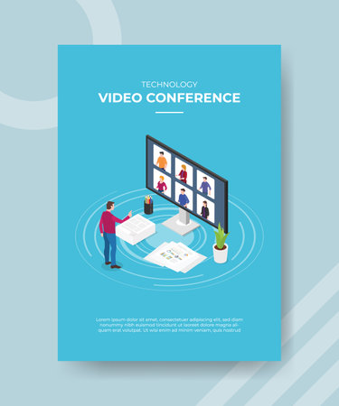 technology video conference men standing front big computer screen people on display around paper work for template flyer and print banner cover isometric 3d flatのイラスト素材