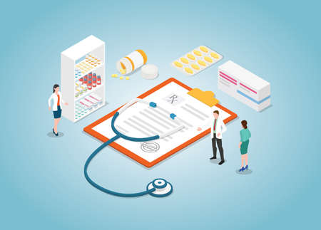 doctor prescription concept with nurse and drugs tablet with modern isometric style vector illustrationのイラスト素材