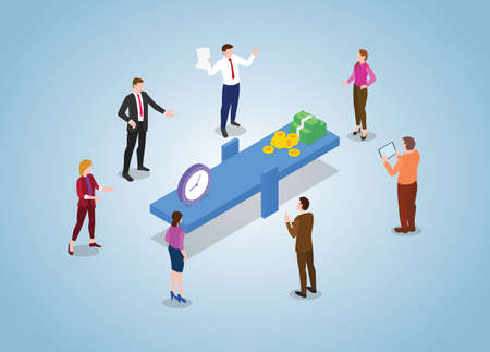 time vs money or compare with modern flat isometric style vector illustrationのイラスト素材