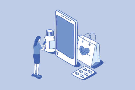 digital health smartphone access technology concept with outline isometric style vector illustrationのイラスト素材