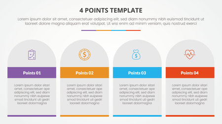 4 points stage template infographic concept for slide presentation with table rectangle and round top 4 point list with flat style vectorのイラスト素材