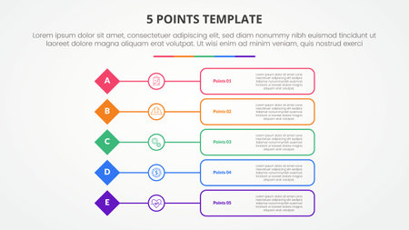 5 points stage template infographic concept for slide presentation with diamond shape with outline box description with 5 point list with flat style vectorのイラスト素材