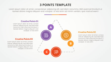 3 points stage template infographic concept for slide presentation with triangle cycle circular on triangle line connected with 3 point list with flat style vectorのイラスト素材