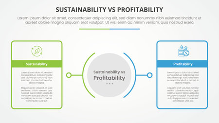 sustainability versus profitability comparison opposite infographic concept for slide presentation with big outline table box with circle center with flat style vectorのイラスト素材