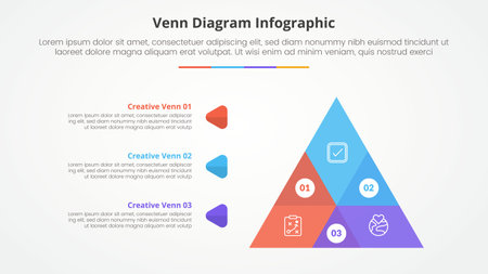venn diagram infographic concept for slide presentation with triangle pyramid shape combination with 4 point list with flat style vectorのイラスト素材