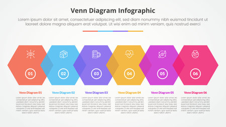 venn diagram infographic concept for slide presentation with hexagon on horizontal shape right direction with 4 point list with flat style vectorのイラスト素材