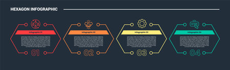 hexagon base shape infographic process diagram with open shape with cut shape center on horizontal direction with dark background bright outline style vectorのイラスト素材
