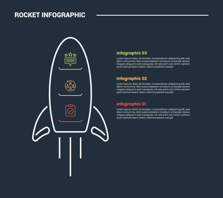 rocket launch concept infographic process diagram with standing rocket with point stacked list with dark background bright outline style and 3 points vectorのイラスト素材