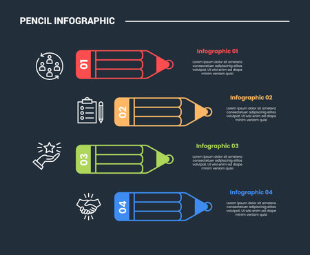 pencil education infographic process diagram with short stacked list pencil left and right with dark background bright outline style 4 points vectorのイラスト素材