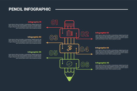 pencil education infographic process diagram with standing pencil with round rectangle badge with opposite description with dark background bright outline style 6 points vectorのイラスト素材