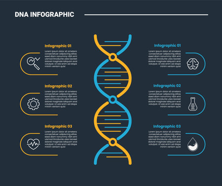 DNA science helix infographic process diagram with vertical stand with round open container opposite direction with dark background bright outline style 6 points vectorのイラスト素材