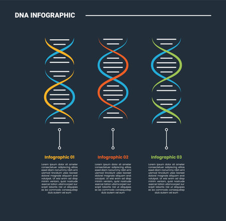 DNA science helix infographic process diagram with tall vertical strand on horizontal direction with dark background bright outline style 3 points vectorのイラスト素材