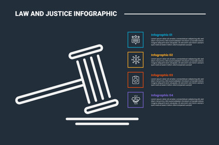 Law and justice infographic process diagram with big gavel icon with square box content on stacked list with dark background bright outline style 4 points vectorのイラスト素材