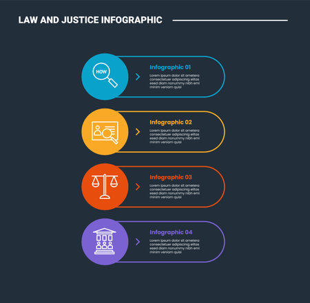 Law and justice infographic process diagram with round rectangle with circle edge on stacked list vertical with dark background bright outline style 4 points vectorのイラスト素材