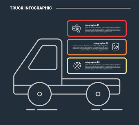 truck logistics transportation infographic process diagram with side view with long rectangle box container with dark background bright outline style 3 point vectorのイラスト素材
