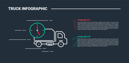 truck logistics transportation infographic process diagram with side view with clock time hour sticky with comparison list with dark background bright outline style 2 point vectorのイラスト素材