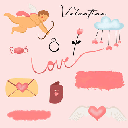 Set Valentine Day Stickers Signs Love Cupid Wings Cloud Envelope Diamond Ringのイラスト素材