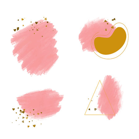 Pink Paint Brush Watercolor  banner with gold frame and sprinkles isolated on white backgroundのイラスト素材