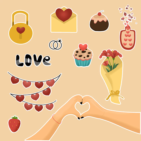 Watercolor Style  Valentine Days Sticker Set Hand Love Sign, Flowers, Love, Lock, Strawberry Cupcake, Cake, Envelope Suitable for valentine Days Banner Ideaのイラスト素材