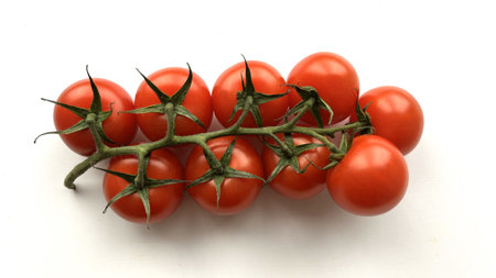 Cherry tomatoes on a branch isolated on white background. Top view.の写真素材