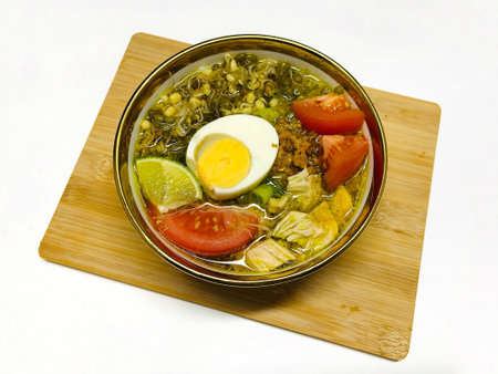 Soto ayam is a traditional Indonesian dish which uses ingredients such as chicken, vermicelli, bean sprout with turmeric as main ingredient add in the broth.の写真素材