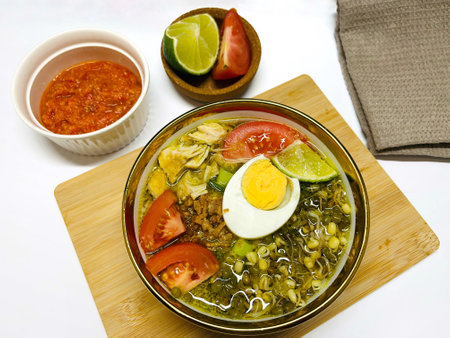 Soto ayam is a traditional Indonesian dish which uses ingredients such as chicken, vermicelli, bean sprout with turmeric as main ingredient add in the broth.の写真素材