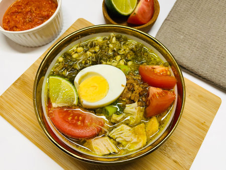 Soto ayam is a traditional Indonesian dish which uses ingredients such as chicken, vermicelli, bean sprout with turmeric as main ingredient add in the broth.の写真素材