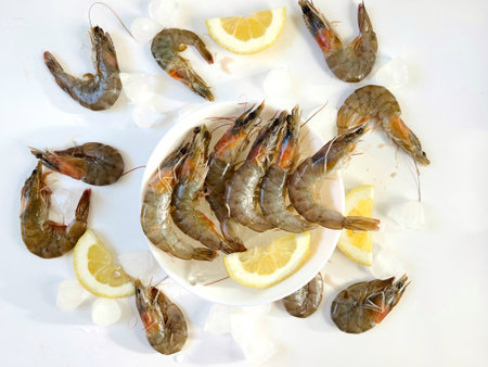 Fresh raw shrimps on ice with lemonの写真素材