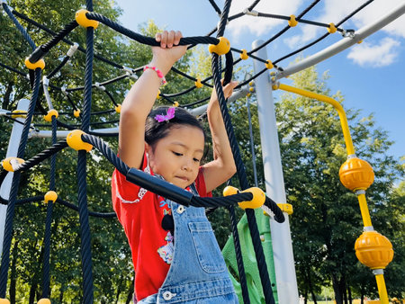 Little girl having fun on the playground in sunny summer day. Kids play outdoors.