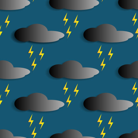 vector illustration design, cloudy black sky and yellow lightning. dark blue background. seamless...