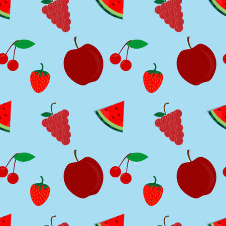 Watermelon, strawberry, cherry and apple vector design. red texture.blue background. seamless pattern design for wallpaper, backdrop, cover, print design and your design needs.のイラスト素材