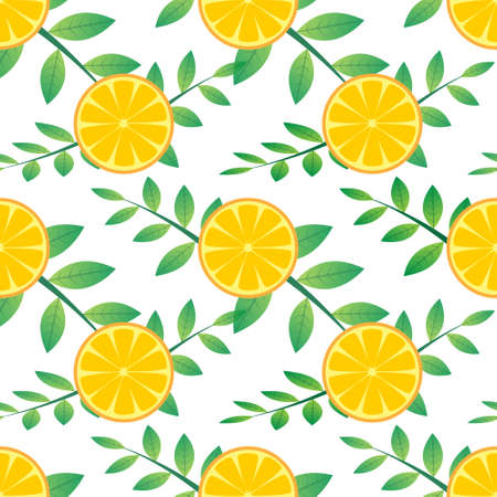 seamless pattern vector illustration of orange fruit and green leaf design. yellow background. design for wallpaper,backdrop and print on fabric. modern templatesのイラスト素材