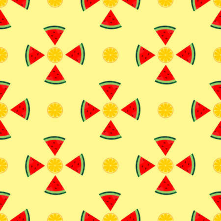 seamless pattern watermelon and orange fruit vector design. yellow background. design for wallpaper,...