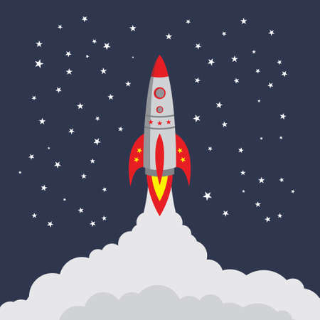 Color illustration of a rocket starts into space
