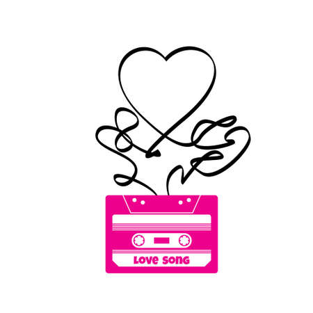 Vintage audio cassette illustration with heart shaped messy tape. Vectorのイラスト素材
