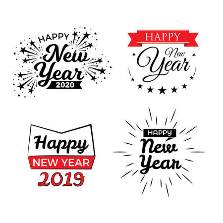 Happy New Year typographic emblems set. Vector logo, text design. Black, white and red. Usable for banners, greeting cards, gifts etc.のイラスト素材