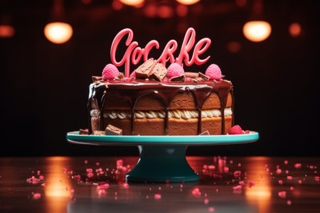 Cake with sponge and mousse layers, drizzled with dark chocolate and decorated with fresh berries, multi-colored jelly beans and chocolate nameplate. Black backgroundの素材