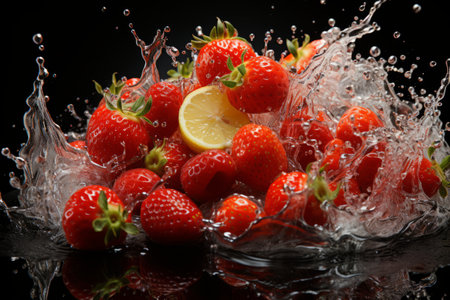 A handful of fresh selected strawberries in water splash on black backgroundの素材
