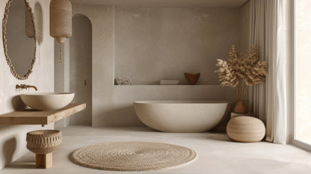 Chic Urban Bathroom with Statement Freestanding Tub and Green Accentsの写真素材