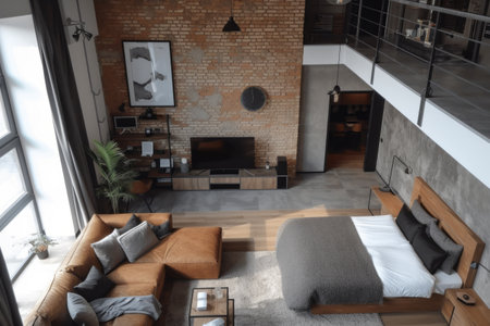 Contemporary Loft Bedroom with Industrial Edgeの写真素材