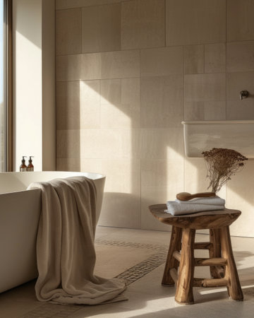 Contemporary Bathroom with Sleek Freestanding Tub and Exotic Plantsの写真素材